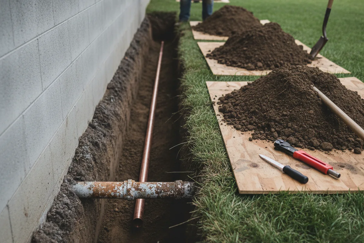 Excavated water line trench during Water Softener Installation in Millen